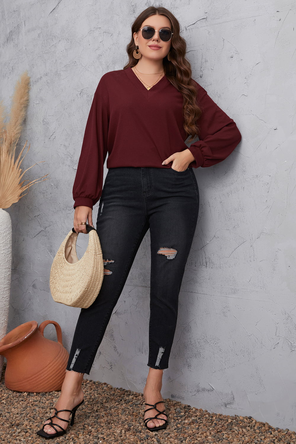 Plus Size V-Neck Dropped Shoulder Blouse