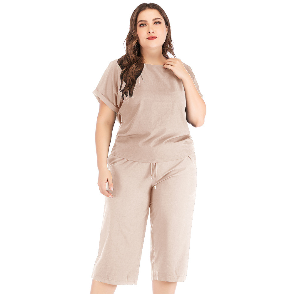 Plus Size Round Neck T-Shirt & Drawstring Wide-Leg Capris Set Kiwidrop