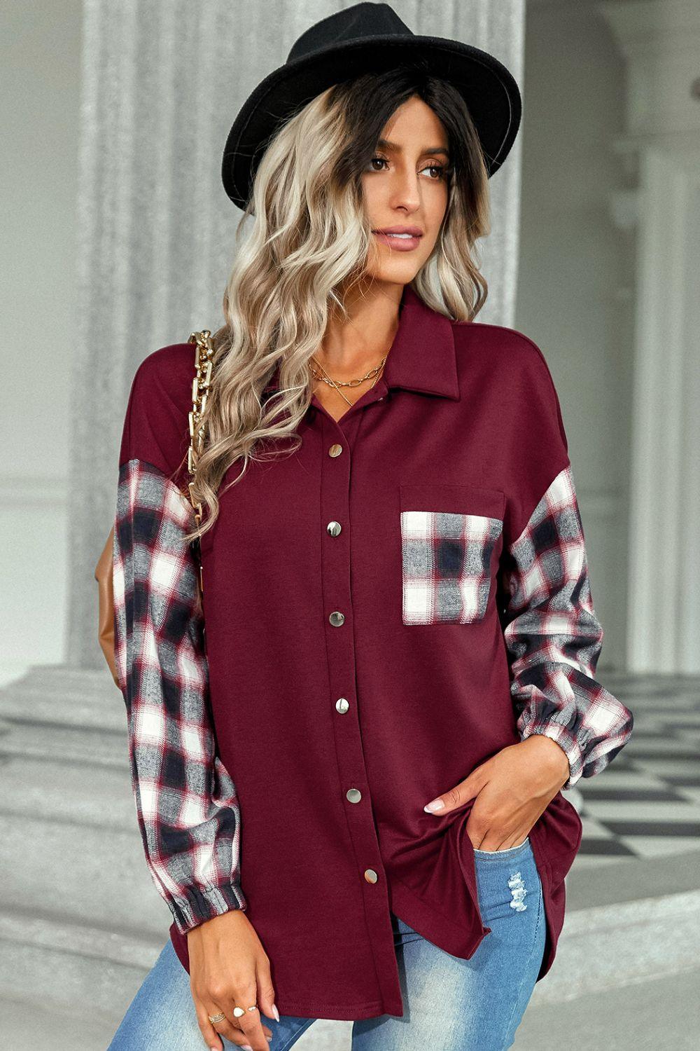 Plaid Dropped Shoulder Shirt with Breast Pocket Trendsi