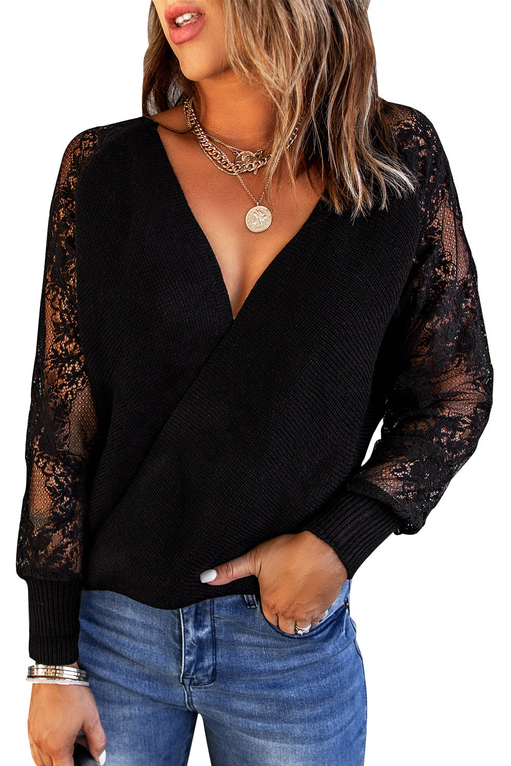 Sexy V Neck Surplice Hollow-Out Sweater With Lace Sleeves Kiwidrop