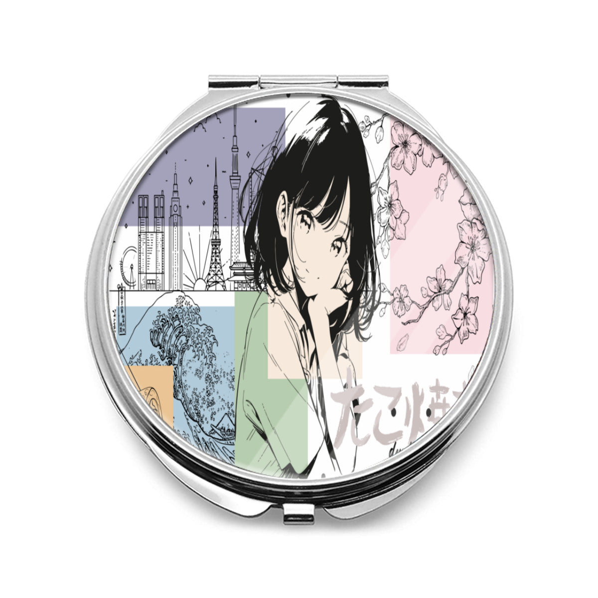 Portable Cosmetic Mirror｜Stainless Steel - Japanese, Japan, Girl, Kawaii, Cute, Anime, Manga Style, Peace, Sushi, Tokyo, Cherry Blossoms (Designed by Dunbi)