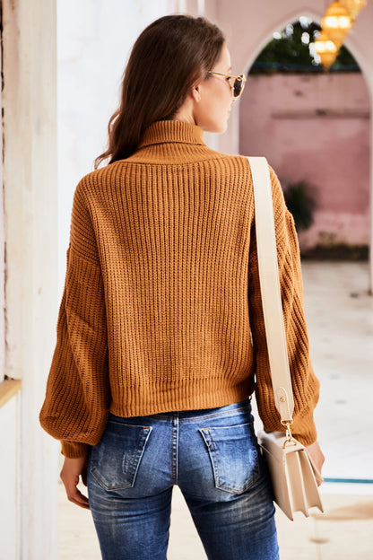 Turtleneck Dropped Shoulder Rib-Knit Sweater