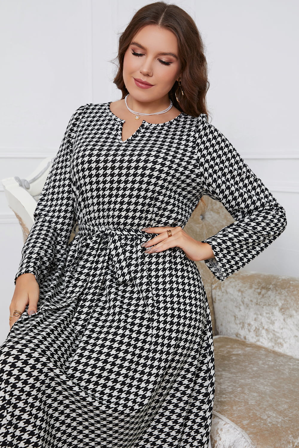 Plus Size Notched Neck Houndstooth Tie Belt Maxi Dress