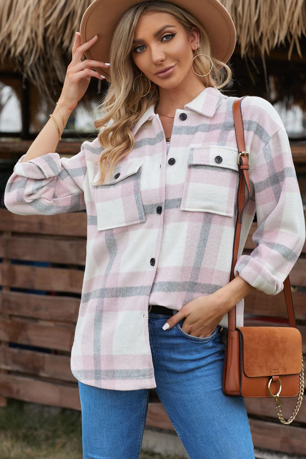 Plaid Dropped Shoulder Pocket Shacket Trendsi