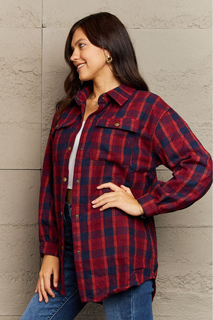 Ninexis Full Size Plaid Collared Neck Button-Down Long Sleeve Jacket