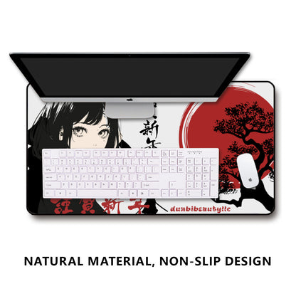 Black Lock Edge Mouse Pad (16×30inch)｜Polyester - Japan, Japanese, Red, Samurai, Pretty Girl, Tiger, Kanji, Mountains (Designed by Dunbi)