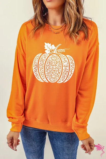 Round Neck Dropped Shoulder Pumpkin Graphic Sweatshirt