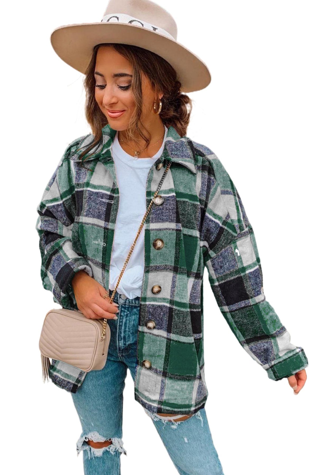 Plaid Print Buttoned Shirt Jacket Kiwidrop