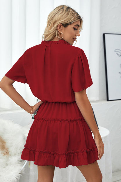 Tie Neck Frill Trim Short Sleeve Mini Dress