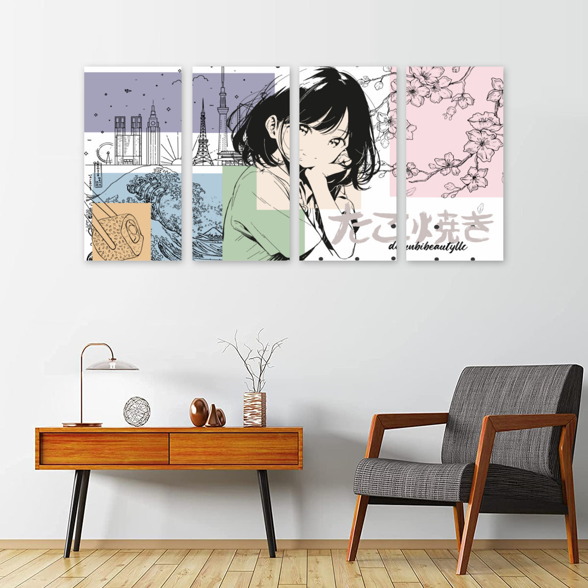 Quadriptych Decorative Painting Monogram Design (1:2)｜Japanese, Japan, Girl, Kawaii, Cute, Anime, Manga Style, Peace, Sushi, Tokyo, Cherry Blossoms (Designed by Dunbi)