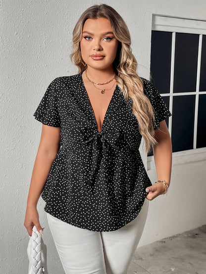 Plus Size V-Neck Front Bow Flutter Sleeve Blouse