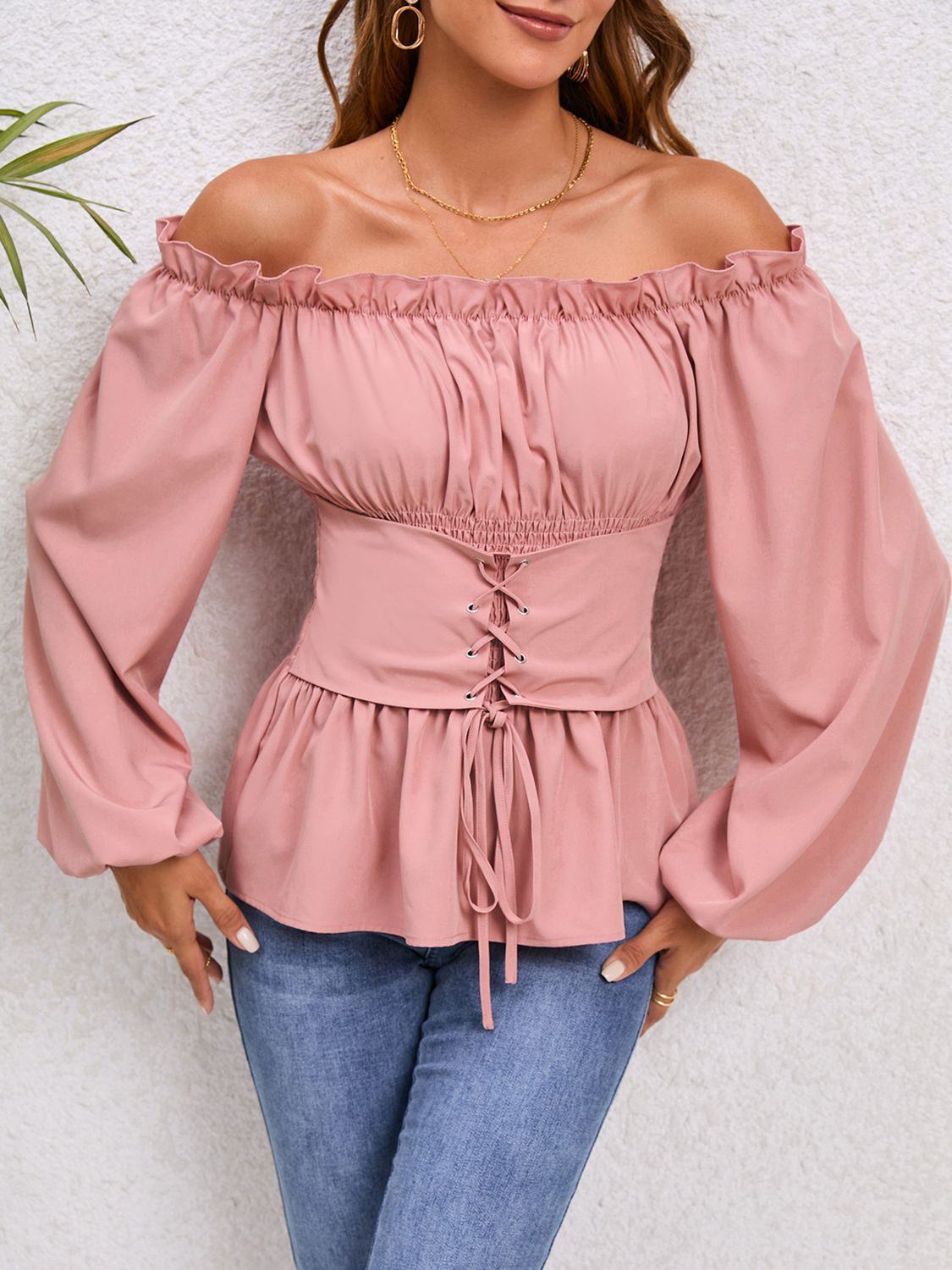 Lace-Up Balloon Sleeve Off-Shoulder Blouse