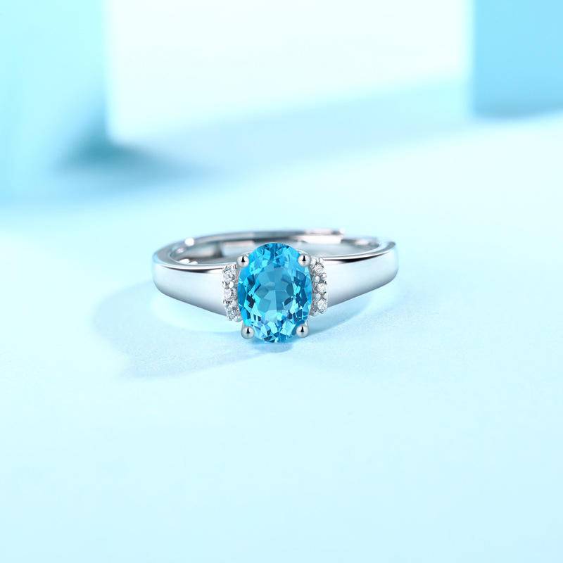 Oval-Shaped 925 Sterling Silver Natural Topaz Adjustable Rings