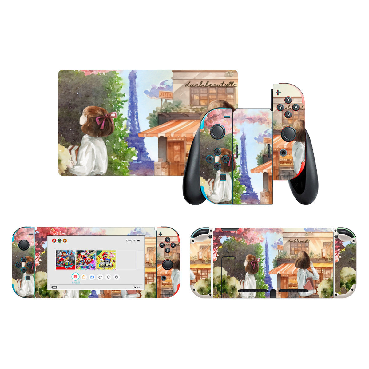 Nintendo Switch Game Console Stickers ｜PVC - Paris, France, Eiffel Tower, Watercolor, Girls, Notebook, Café, View, Day, Clouds, Cute (Designed by Dunbi)