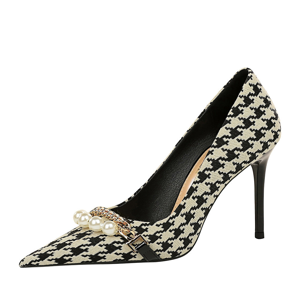 Shallow Mouth Pointed Pearl Chain Plaid Women's Single Shoes