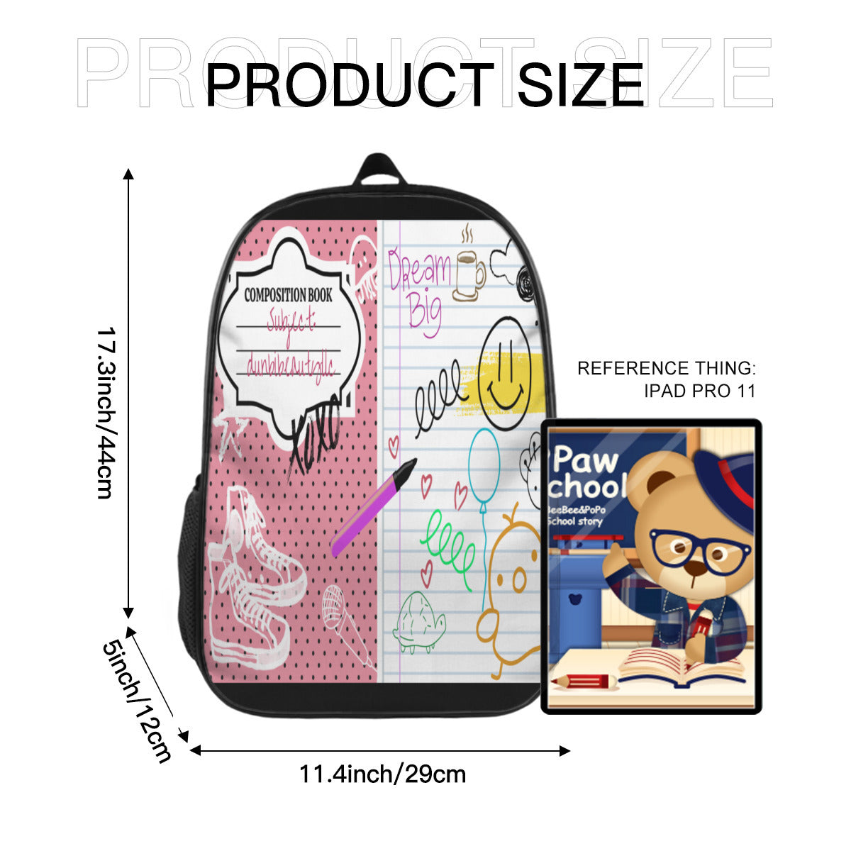 Youth Personalized School Bag (Polyester Boning) + Pen Pouch | Oxford Cloth -Back to School, Composition Notebook Style, Doodles, Scribbles, Writing, Girl, Pink (Designed by Dunbi)