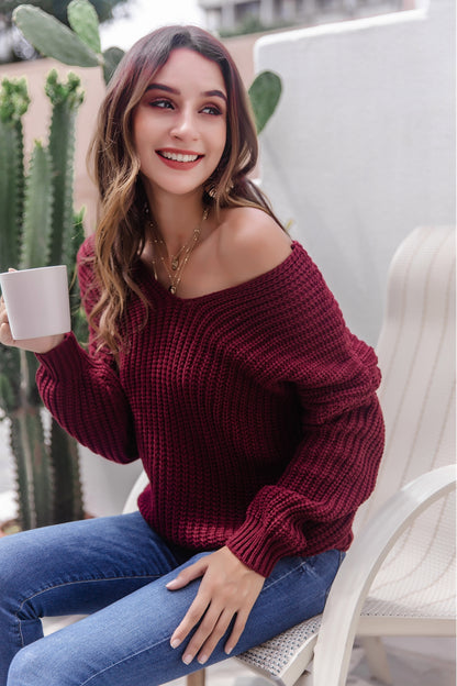 V-Neck Ribbed Knit Sweater