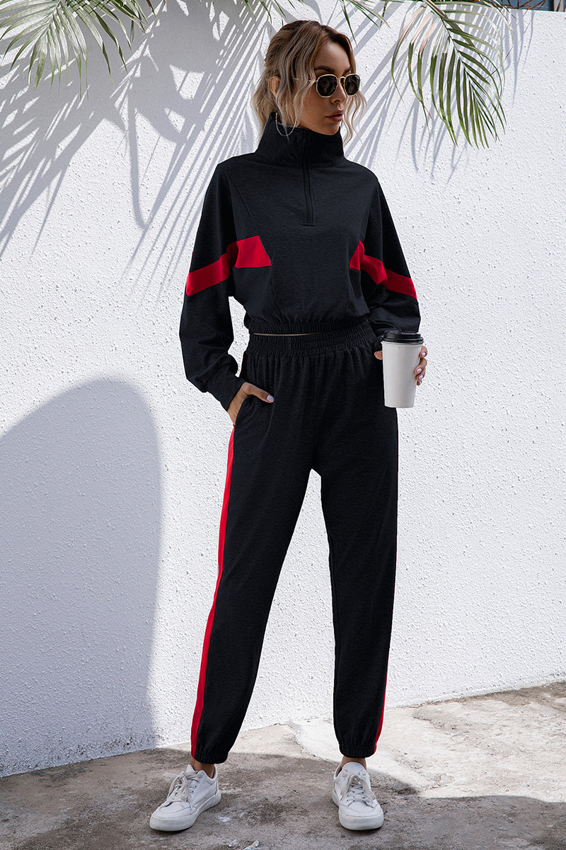 Turtle Neck Long Sleeve Zip-Up Top Long Pants Set