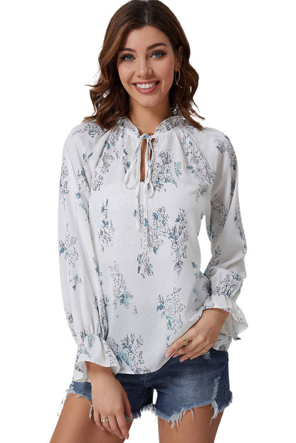 Floral Tie Neck Flounce Sleeve Blouse