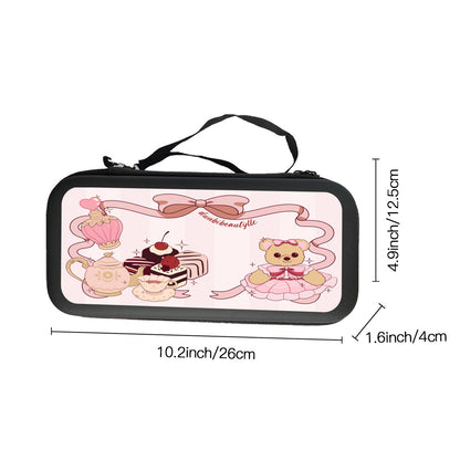 Nintendo Switch Storage Bag (Double-Sided Printing)｜Eva Material -Cute Teddy Bear, Tea Party, Ribbon, Bows, Cakes, Cute, Victorian, Doll, Cute Girl, Pink Style 1, Stripes (Designed by Dunbi)