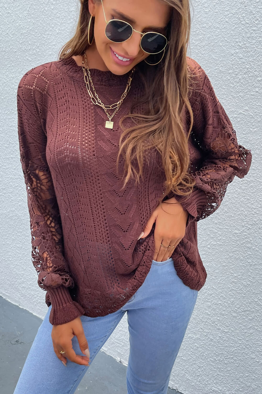 Spliced Lace Crochet Sleeve Sweater Trendsi