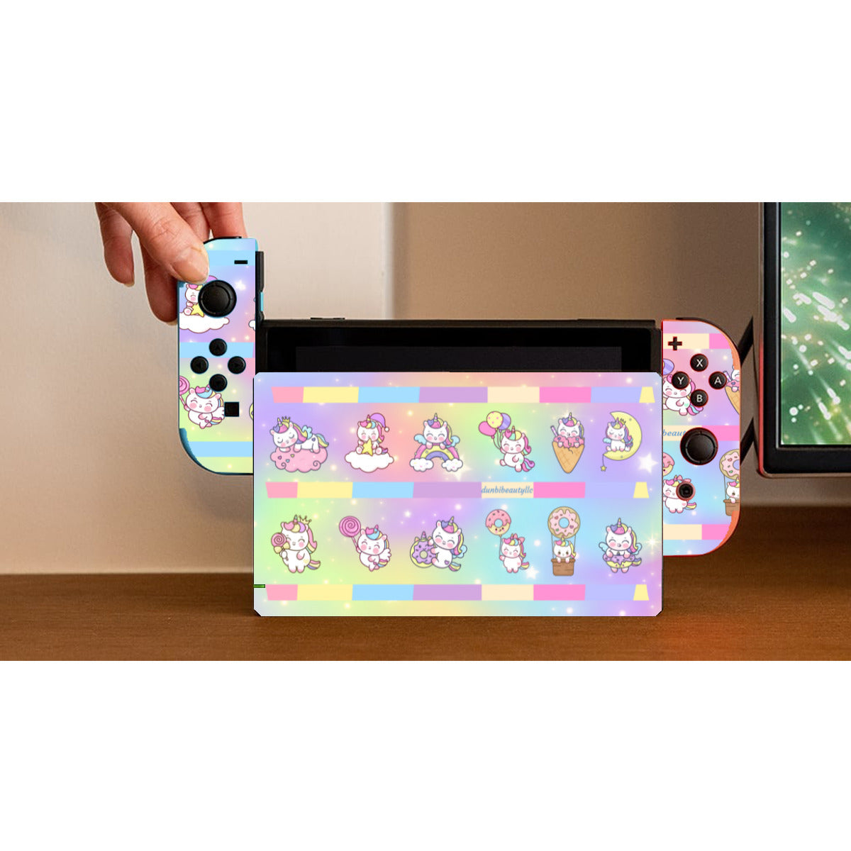 Nintendo Switch Game Console Stickers ｜PVC -Kawaii Unicorn, Pastel Rainbow, Clouds, Pink, Purple, Blue, Yellow, Sleepy Unicorn, Hungry Unicorn, Moon, Candy, Donuts, Ice Cream (Designed by Dunbi)