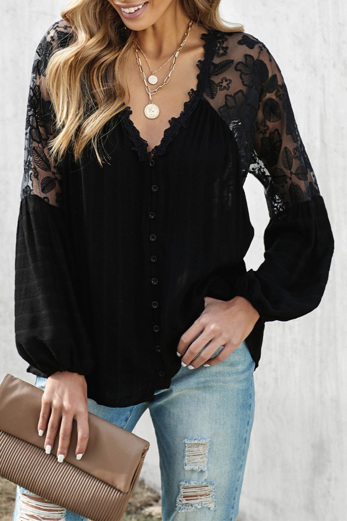 V Neckline Lace Shoulder Patchwork Blouse Kiwidrop