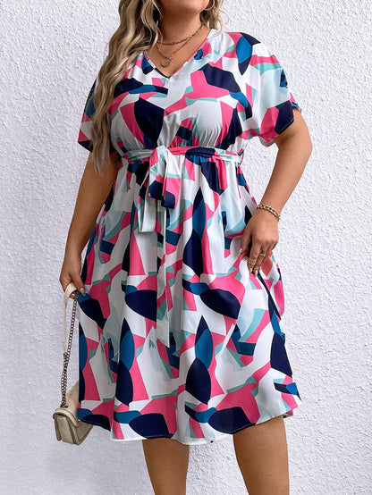 Plus Size Multicolored V-Neck Tie Waist Dress