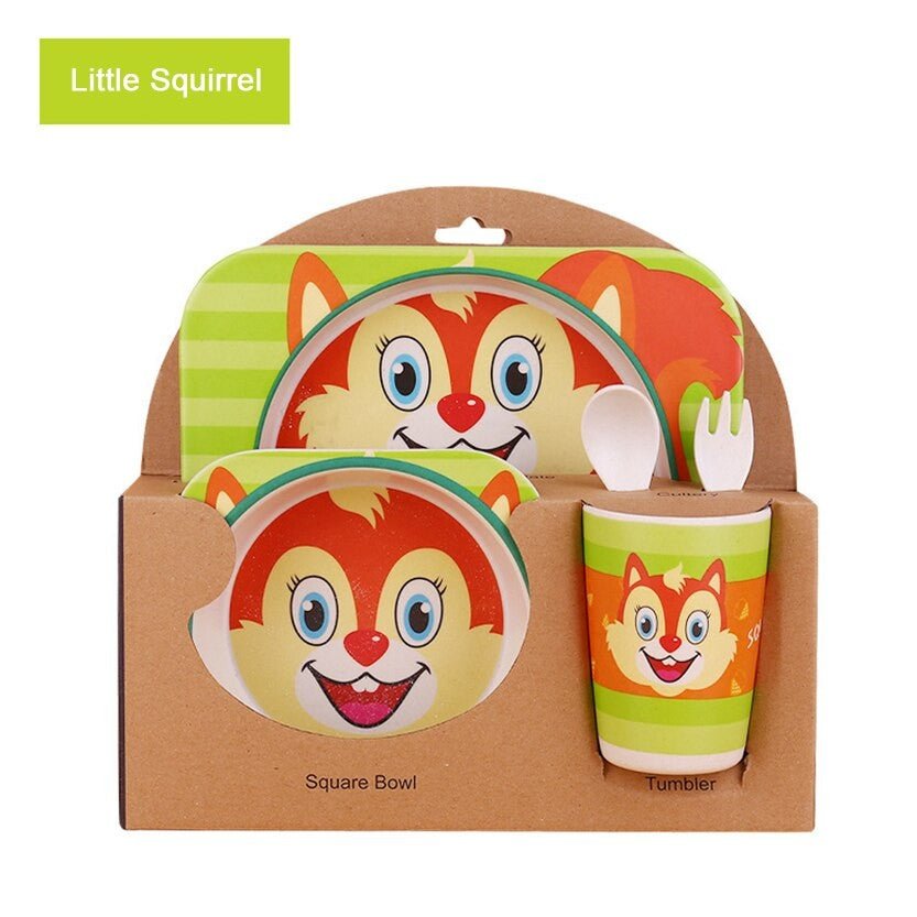 5pcs/set Baby Dish Tableware Children Cartoon Feeding Dishes Kids Natural Bamboo Fiber Dinnerware With Bowl Fork Cup Spoon Plate - DunbiBeauty, LLC