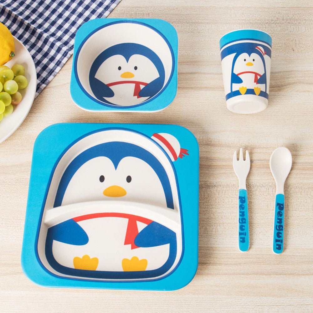 5pcs/set Baby Dish Tableware Children Cartoon Feeding Dishes Kids Natural Bamboo Fiber Dinnerware With Bowl Fork Cup Spoon Plate - DunbiBeauty, LLC