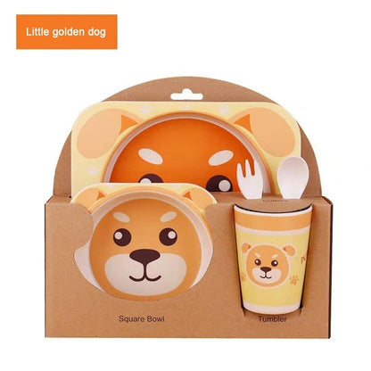 5pcs/set Baby Dish Tableware Children Cartoon Feeding Dishes Kids Natural Bamboo Fiber Dinnerware With Bowl Fork Cup Spoon Plate - DunbiBeauty, LLC