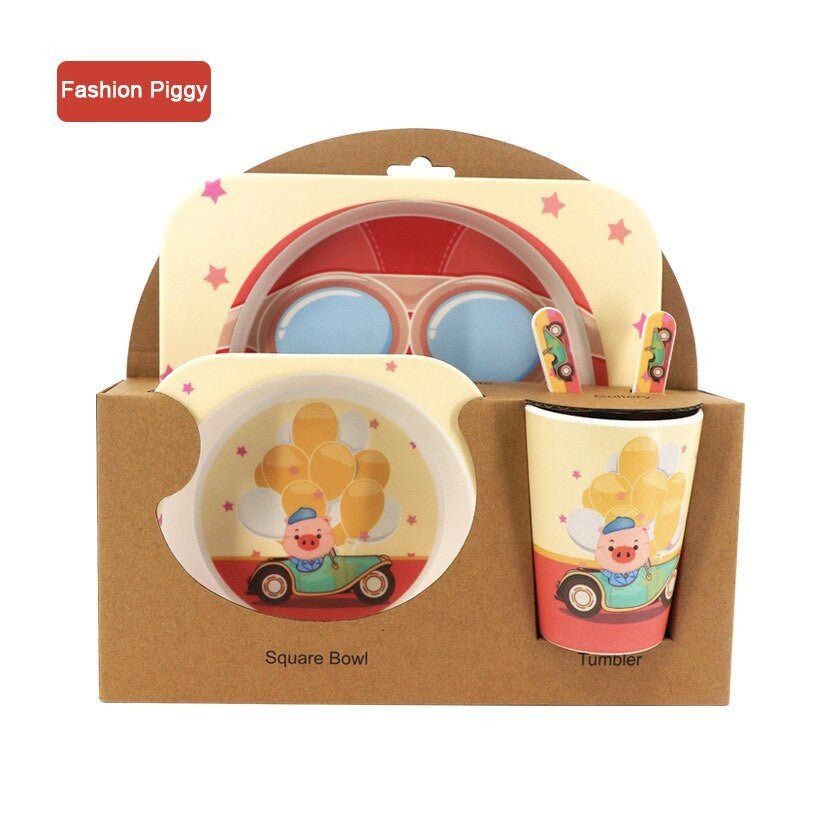 5pcs/set Baby Dish Tableware Children Cartoon Feeding Dishes Kids Natural Bamboo Fiber Dinnerware With Bowl Fork Cup Spoon Plate - DunbiBeauty, LLC