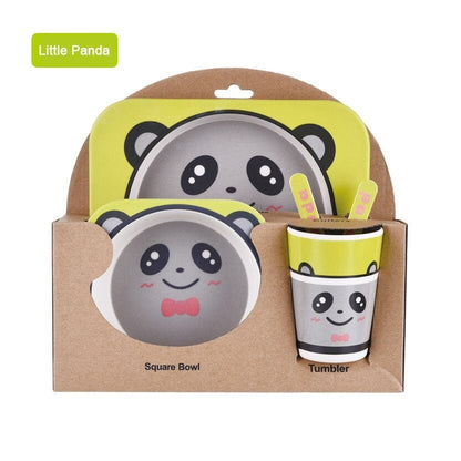 5pcs/set Baby Dish Tableware Children Cartoon Feeding Dishes Kids Natural Bamboo Fiber Dinnerware With Bowl Fork Cup Spoon Plate - DunbiBeauty, LLC