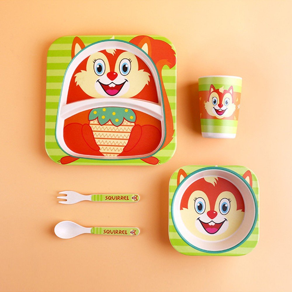 5pcs/set Baby Dish Tableware Children Cartoon Feeding Dishes Kids Natural Bamboo Fiber Dinnerware With Bowl Fork Cup Spoon Plate - DunbiBeauty, LLC