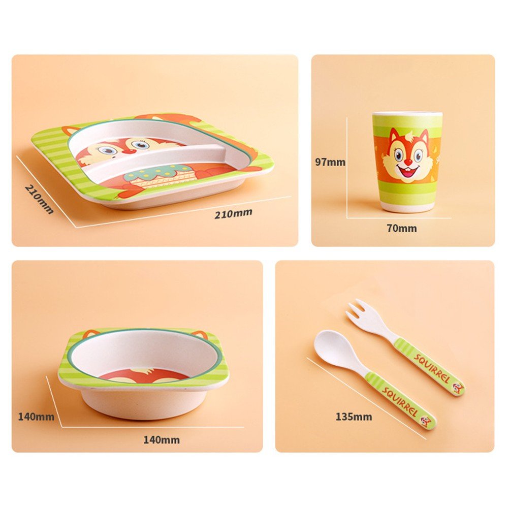 5pcs/set Baby Dish Tableware Children Cartoon Feeding Dishes Kids Natural Bamboo Fiber Dinnerware With Bowl Fork Cup Spoon Plate - DunbiBeauty, LLC