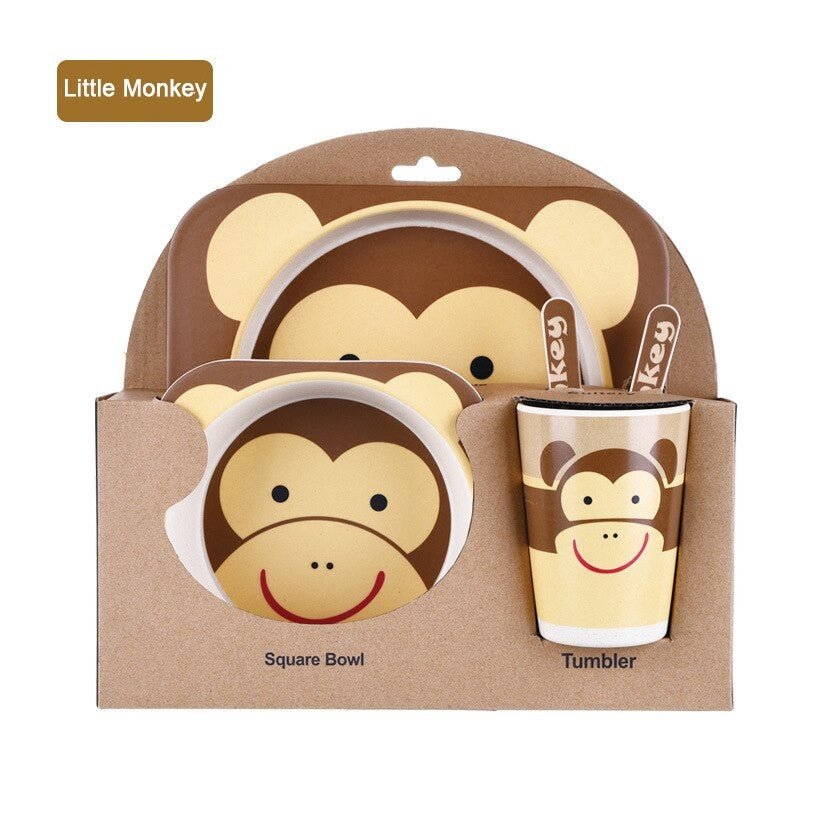 5pcs/set Baby Dish Tableware Children Cartoon Feeding Dishes Kids Natural Bamboo Fiber Dinnerware With Bowl Fork Cup Spoon Plate - DunbiBeauty, LLC