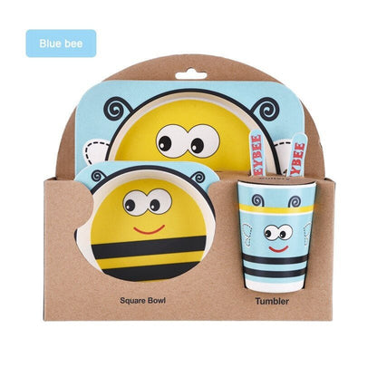 5pcs/set Baby Dish Tableware Children Cartoon Feeding Dishes Kids Natural Bamboo Fiber Dinnerware With Bowl Fork Cup Spoon Plate - DunbiBeauty, LLC