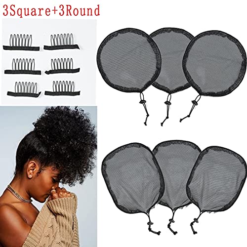 6 PCS Black Weaving Net Cap Drawstring Ponytail Net Elastic Base Used for Making Hair Bun Hair Wig Making Tools for Women(3 Pcs Square,3 Pcs Round) - DunbiBeauty, LLC