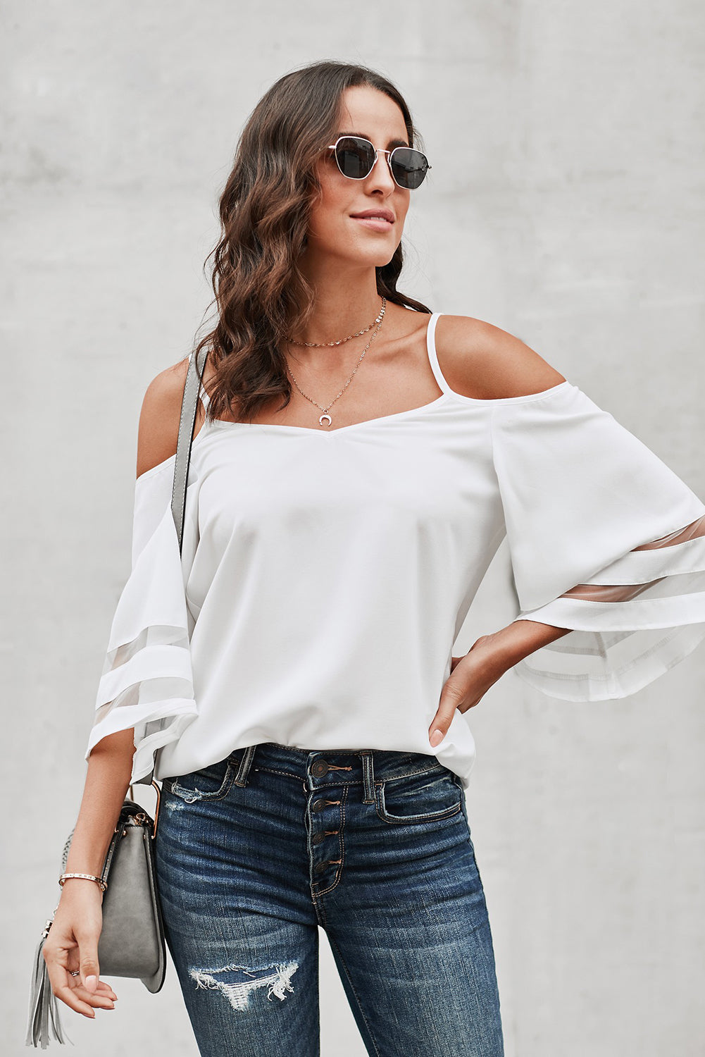 Spaghetti Straps Cold Shoulder Mesh Insert Bell Sleeve Blouse Kiwidrop