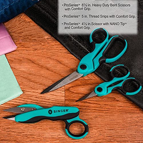 SINGER ProSeries Sewing Scissors Bundle, 8.5" Heavy Duty Fabric Scissors, 4.5" Detail Embroidery Scissors, 5" Thread Snips with Comfort Grip Spreadr