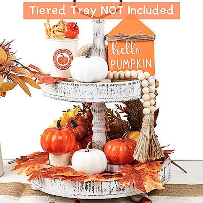 Fall Decor-Fall Decorations for Home-Pumpkin Spice Latte Cups-Artificial Pumpkins-Bead Garland and Wood Sign-Farmhouse Tiered Tray Items for Autumn Thanksgiving Harvest Decoration