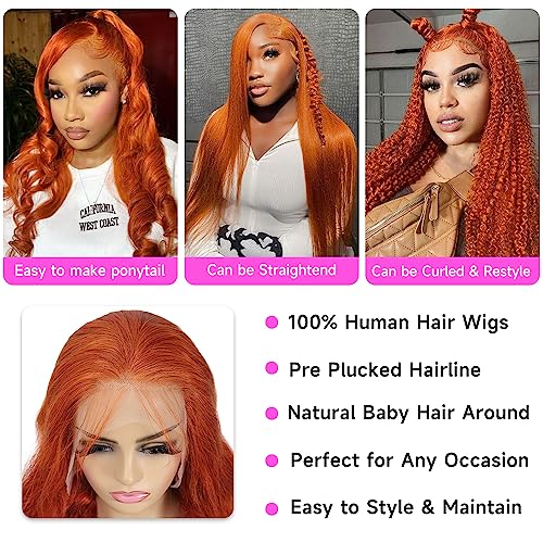 Ginger Lace Front Wigs Human Hair Pre Plucked 13x4 Ginger Orange Lace Front Wigs Human Hair Colored 180% Density HD Lace Frontal Wig Body Wave Ginger Human Hair Lace Front Wigs 88J Color 20 Inch