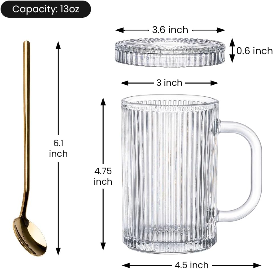 Combler Glass Coffee Mugs, 13oz Clear Coffee Mug with Lid and Spoon