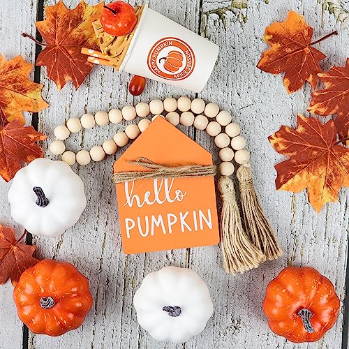 Fall Decor-Fall Decorations for Home-Pumpkin Spice Latte Cups-Artificial Pumpkins-Bead Garland and Wood Sign-Farmhouse Tiered Tray Items for Autumn Thanksgiving Harvest Decoration