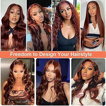 Reddish Brown Lace Front Wigs Human Hair 13x4 HD Body Wave Frontal Wigs for Women Brazilian Virgin 150% Density Glueless HD Transparent Lace Front Wigs Pre Plucked with Baby Hair (22 Inch, Reddish Brown)