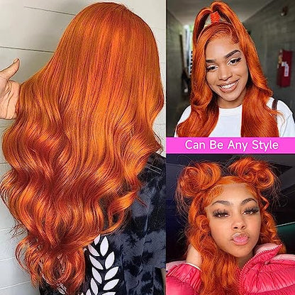 Ginger Lace Front Wigs Human Hair Pre Plucked 13x4 Ginger Orange Lace Front Wigs Human Hair Colored 180% Density HD Lace Frontal Wig Body Wave Ginger Human Hair Lace Front Wigs 88J Color 20 Inch