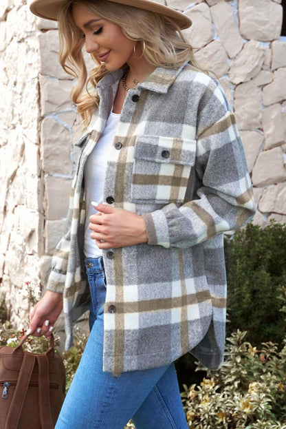 Plaid Dropped Shoulder Pocket Shacket Trendsi