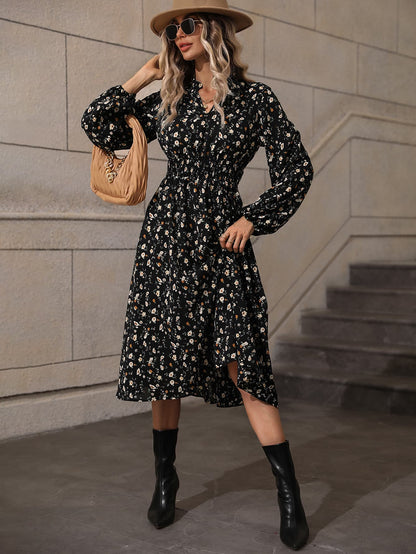 Printed Smocked Waist Notched Neck Midi Dress