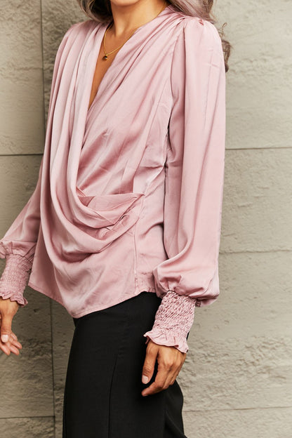 Surplice Neck Ruched Lantern Sleeve Blouse