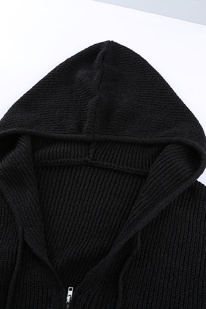 Zipper V-Neck Dropped Sleeve Hooded Solid Sweater Kiwidrop